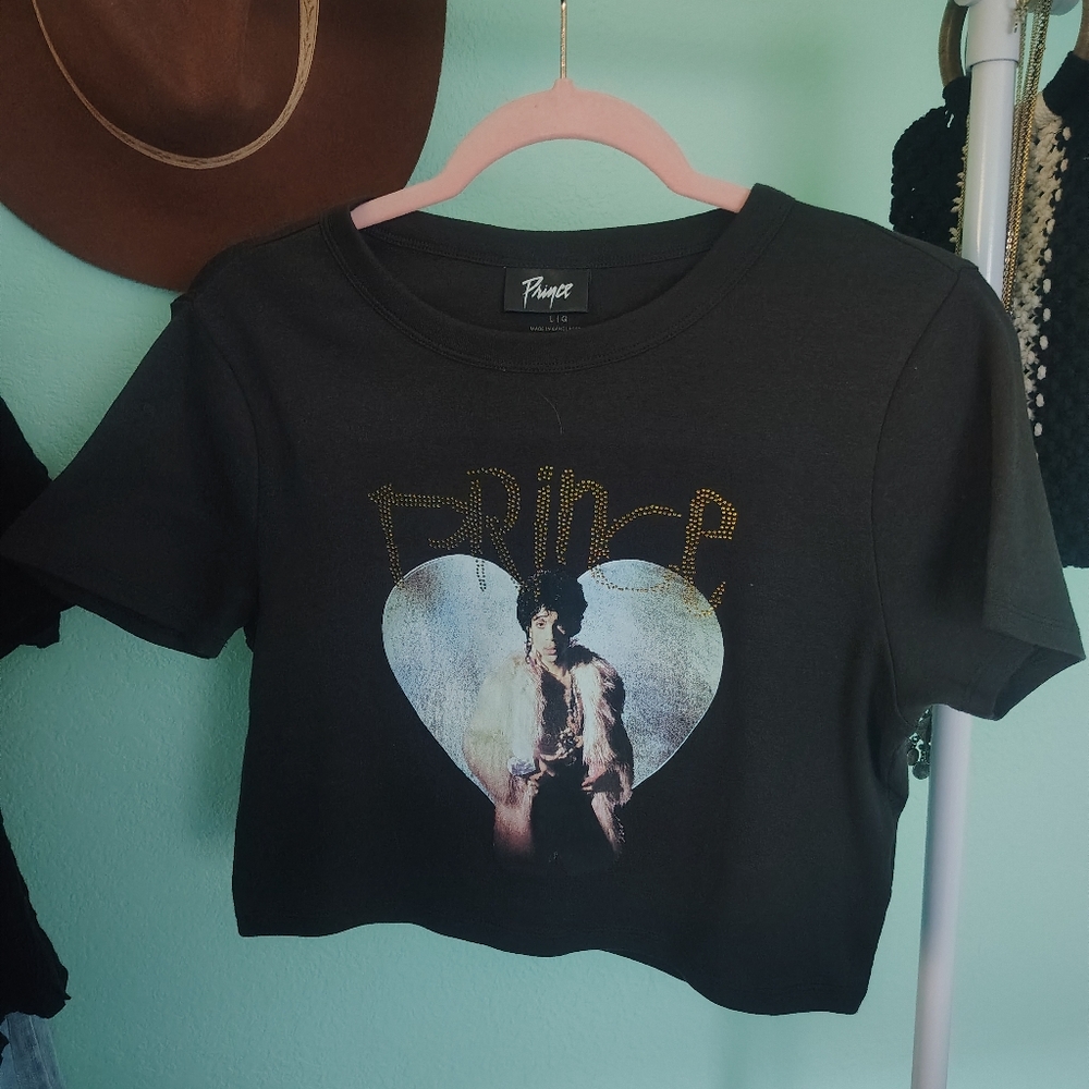 Black crop top. PRINCE Logo with embellishments. Never worn No tag